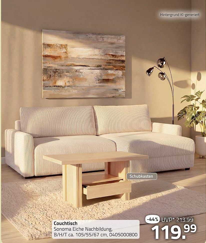 Couchtisch Sonoma Eiche Nachbildung, B/H/T ca. 105/55/67 cm, 0405000800