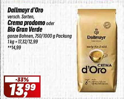 Dallmayr d’Oro versch. Sorten, Crema prodomo oder Bio Gran Verde ganze Bohnen, 750/1000 g Packung