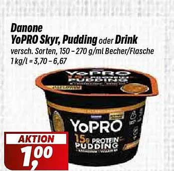 Danone YoPRO Skyr, Pudding oder Drink versch. Sorten, 150 - 270 g/ml Becher/Flasche 1 kg/l = 3,70 – 6,67