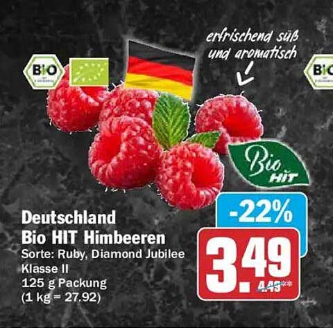 Deutschland Bio HIT Himbeeren Sorte: Ruby, Diamond Jubilee Klasse II 125 g Packung (1 kg = 27.92)