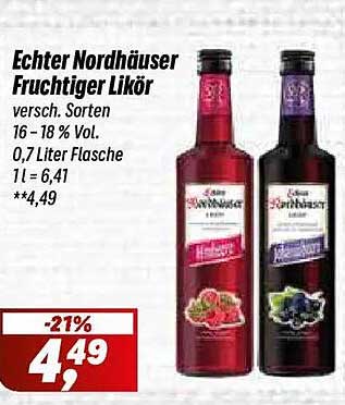 Echter Nordhäuser Fruchtiger Likör versch. Sorten 16 - 18 % Vol. 0,7 Liter Flasche 1 l = 6,41