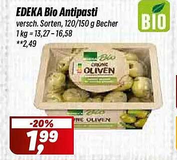 EDEKA Bio Antipasti versch. Sorten, 120/150 g Becher 1 kg = 13,27 – 16,58 **2,49