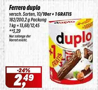 Ferrero duplo versch. Sorten, 10/10er + 1 GRATIS 182/200,2 g Packung 1 kg = 13,68/12,45 **,29 Nur solange der Vorrat reicht.
