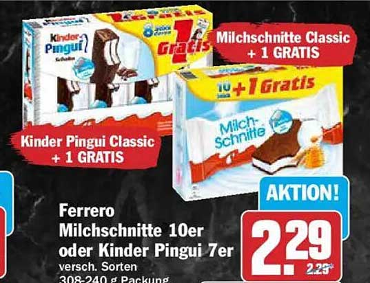 Ferrero Milchsnitte 10er oder Kinder Pingui 7er versch. Sorten 308-240 g / Packung