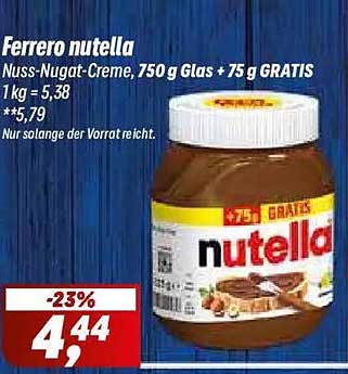Ferrero nutella Nuss-Nugat-Creme, 750 g Glas + 75 g GRATIS 1 kg = 5,38