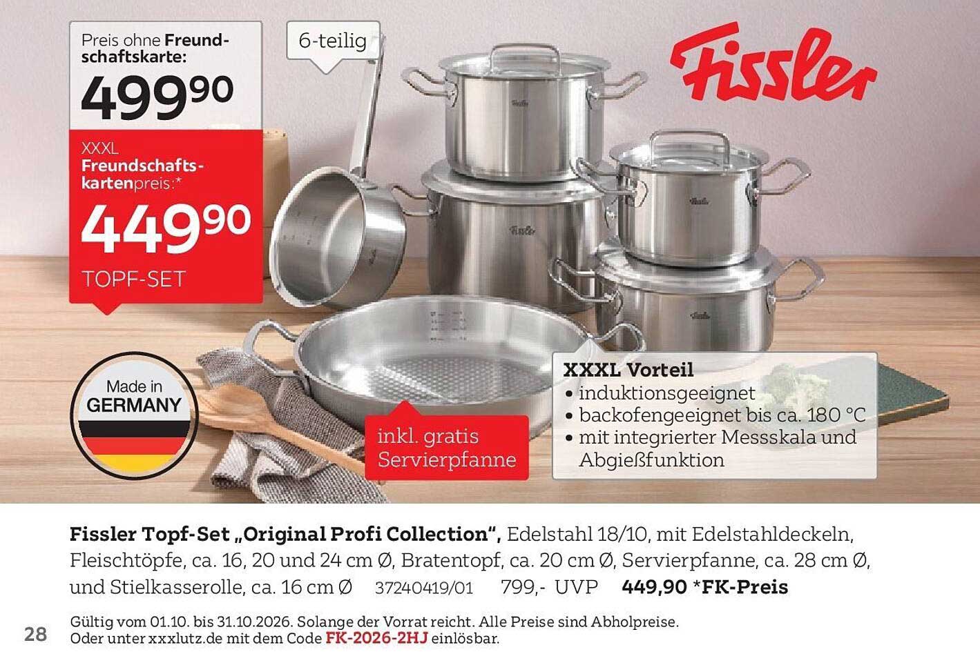 Fissler Topf-Set „Original Profi Collection“, Edelstahl 18/10, mit Edelstahldeckeln, Fleischtöpfe, ca. 16, 20 und 24 cm Ø, Bratentopf, ca. 20 cm Ø, Servierpfanne, ca. 28 cm Ø, und Stielkasserolle, ca. 16 cm Ø