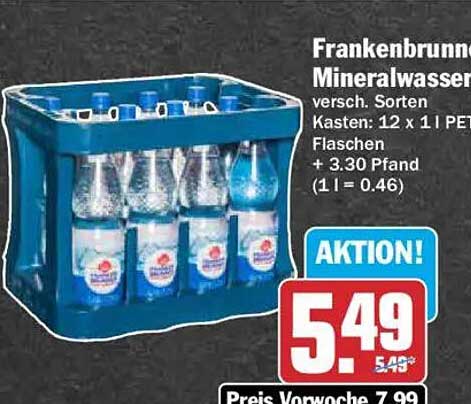 Frankenbrunner Mineralwasser versch. Sorten Kasten: 12 x 1 l PET Flaschen + 3.30 Pfand (1 l = 0.46)