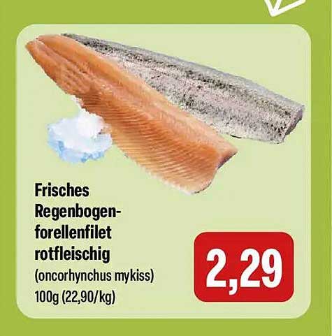 Frisches Regenbogen-forellenfilet rotfleischig (oncorhynchus mykiss) 100g (22,90/kg)