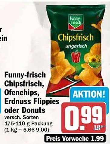 Funny-frisch Chipsfrisch, Ofenchips, Erdnuss Flippies oder Donuts versch. Sorten 175-110 g Packung (1 kg = 5.66-9.00)