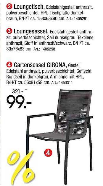 Gartensessel GIRONA, Gestell Edelstahl anthrazit, pulverbeschichtet, Geflecht Rundseil in dunkelgrau, Armlehne mit HPL, B/H/T ca. 56x91x58 cm. Art.: 1450311