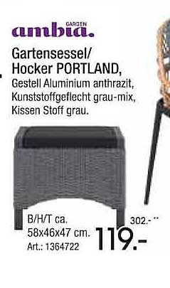 Gartensessel/Hocker PORTLAND, Gestell Aluminium anthrazit, Kunststoffsetgeflecht grau-mix, Kissen Stoff grau.