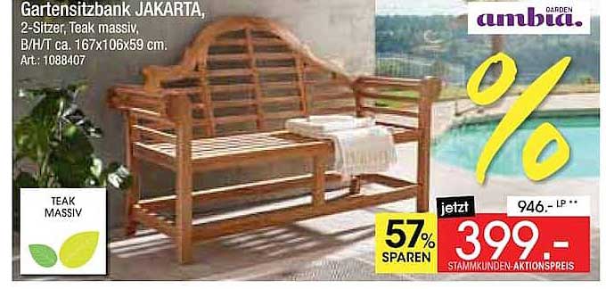 Gartensitzbank JAKARTA, 2-Sitzer, Teak massiv, B/H/T ca. 167x106x59 cm, Art.: 1088407
