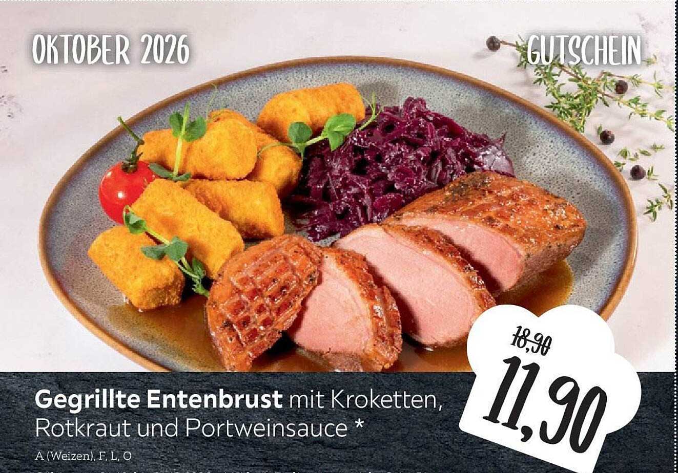 Gegrillte Entenbrust mit Kroketten, Rotkraut und Portweinsauce *