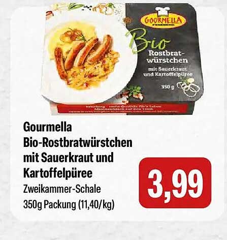 Gourmella Bio-Rostbratwürstchen mit Sauerkraut und Kartoffelpüree