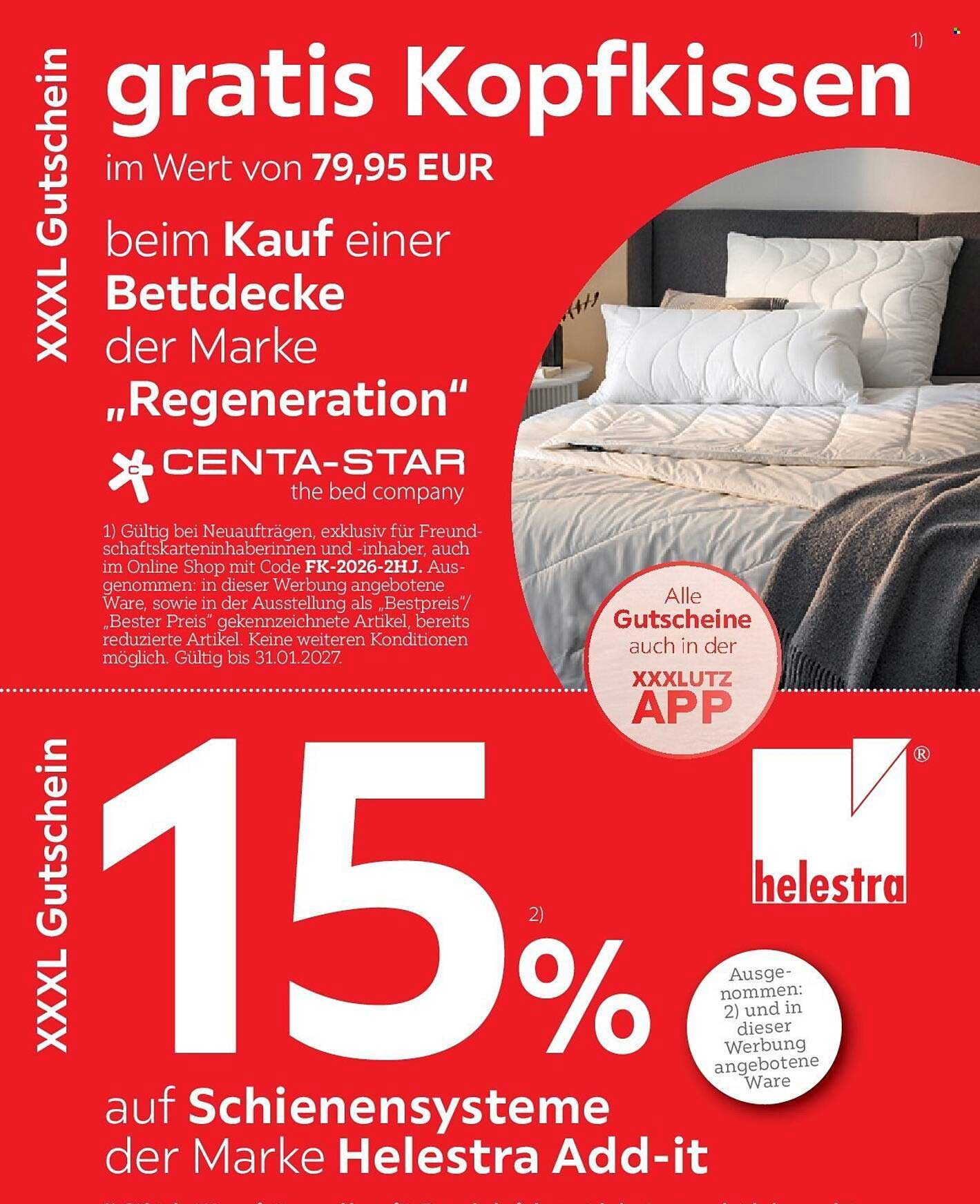 gratis Kopfkissen im Wert von 79,95 EUR beim Kauf einer Bettdecke der Marke „Regeneration“ CENTA-STAR the bed company