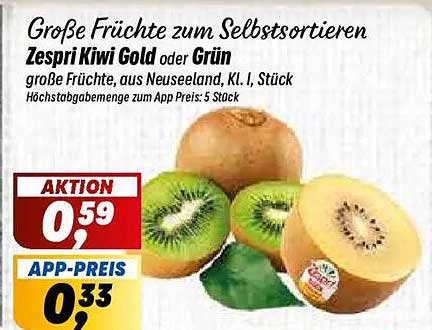 Große Früchte zum Selbstsortieren Zespri Kiwi Gold oder Grün große Früchte, aus Neuseeland, Kl. I, Stück