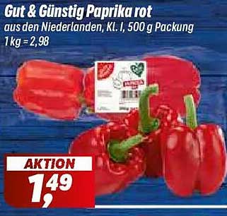 Gut & Günstig Paprika rot aus den Niederlanden, Kl. I, 500 g Packung 1kg = 2,98