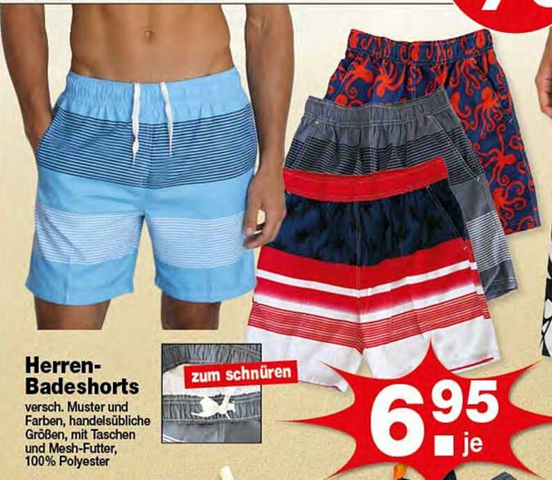 Herren-Badeshorts versch. Muster und Farben, handelsübliche Größen, mit Taschen und Mesh-Futter, 100% Polyester