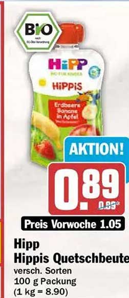 Hipp Hippis Quetschbeutel versch. Sorten 100 g Packung (1 kg = 8.90)