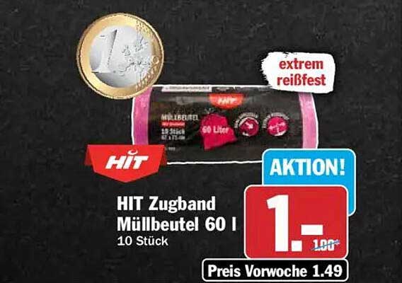 HIT Zugband Müllbeutel 60 l 10 Stück