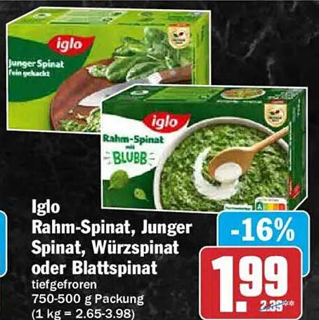 Iglo Rahm-Spinat, Junger Spinat, Wirzspinat oder Blattspinat tiefgefroren 750-500 g Packung (1 kg = 2.65-3.98)