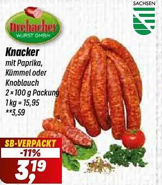 Knacker mit Paprika, Kümmel oder Knoblauch 2 x 100 g Packung 1 kg = 15,95