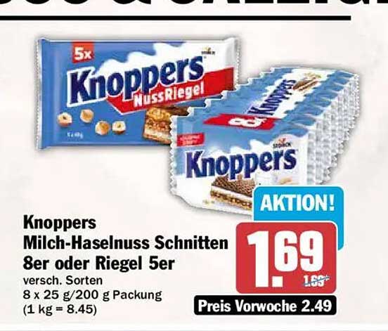 Knoppers Milch-Haselnuss Schnitten 8er oder Riegel 5er versch. Sorten 8 x 25 g/200 g Packung (1 kg = 8.45)