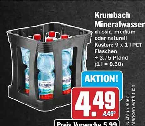 Krumbach Mineralwasser classic, medium oder naturell Kasten: 9 x 1 l PET Flaschen + 3.75 Pfand (1 l = 0.50)