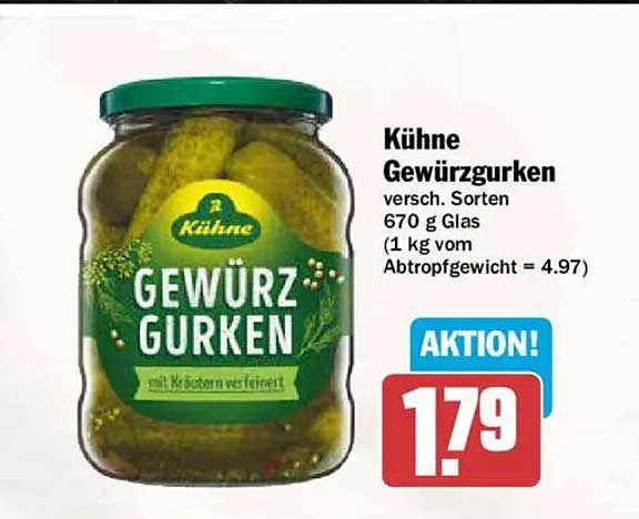 Kühne Gewürzgurken versch. Sorten 670 g Glas (1 kg vom Abtropfgewicht = 4.97)
