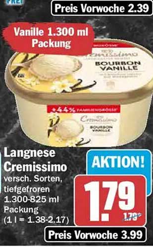 Langnese Cremissimo versch. Sorten, tiefgefroren 1.300-825 ml Packung (1 l = 1.38-2.17)