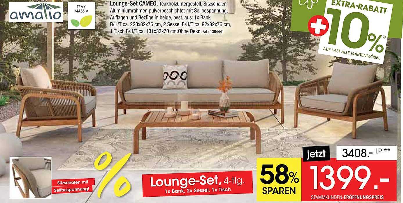 Lounge-Set CAMEO, Teakholzuntergestell, Sitzschalen mit Seilbespannung, Auflagen und Bezüge in beige, best. aus: 1x Bank B/H/T ca. 220x82x76 cm, 2 Sessel B/H/T ca. 92x82x76 cm, 1 Tisch B/H/T ca. 131x33x70 cm. Ohne Deko. Art.: 1364441
