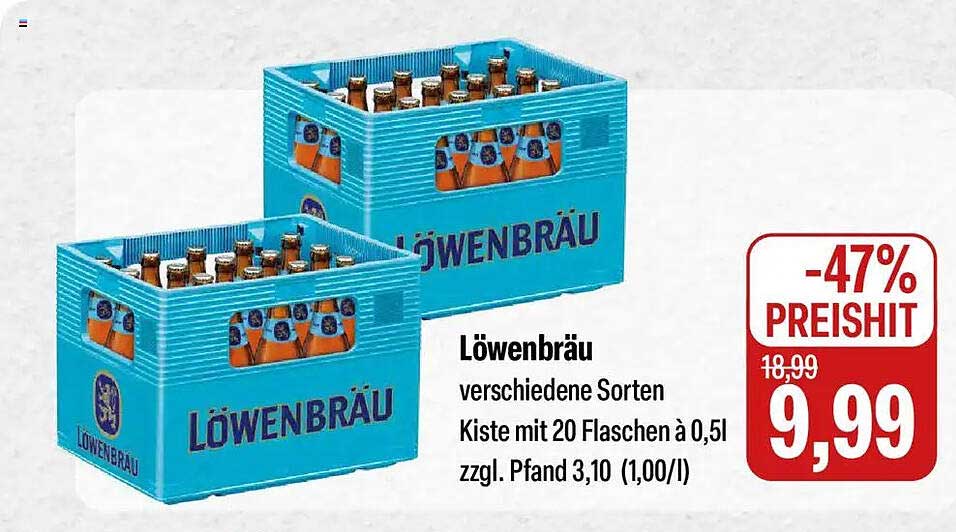 Löwenbräu verschiedene Sorten Kiste mit 20 Flaschen à 0,5l zzgl. Pfand 3,10 (1,00/l)