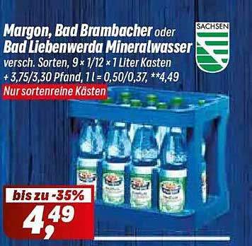 Margon, Bad Brambacher oder Bad Liebenwerda Mineralwasser versch. Sorten, 9 x 1/2 l + 1 Liter Kasten + 3,75/3,30 Pfand, 1l = 0,50/0,37, **4,49