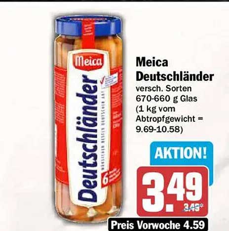 Meica Deutschländer versch. Sorten 670-660 g Glas (1 kg vom Abtropfgewicht = 9.69-10.58)
