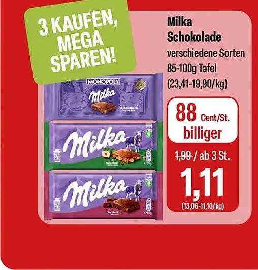 Milka Schokolade verschiedene Sorten 85-100g Tafel (23,41-19,90/kg)