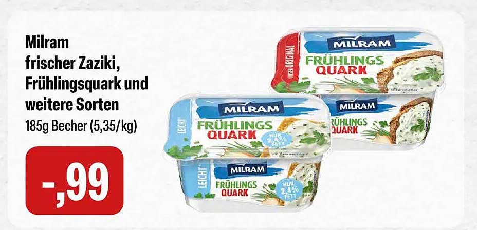 Milram frischer Zaziki, Frühlingsquark und weitere Sorten 185g Becher (5,35/kg)