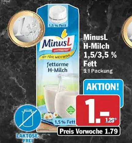MinusL H-Milch 1,5/3,5 % Fett 1 l Packung