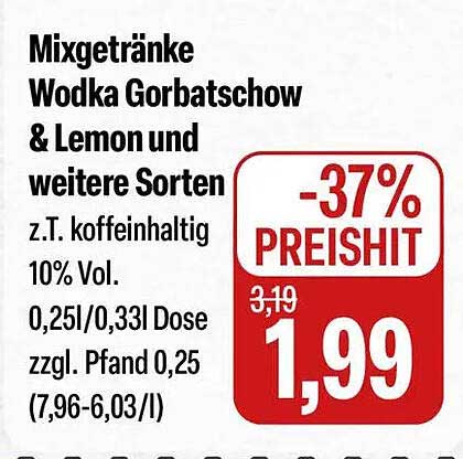 Mixgetränke Wodka Gorbatschow & Lemon und weitere Sorten