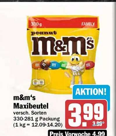 m&m's Maxibeutel versch. Sorten 330-281 g Packung (1 kg = 12.09-14.20)