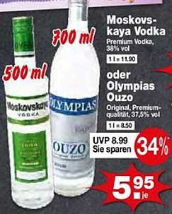Moskowskaya Vodka Premium Vodka, 38% vol oder Olympias Ouzo Original, Premium, Qualität, 37,5% vol