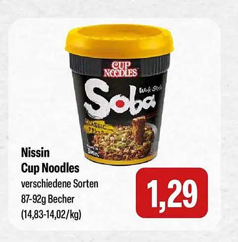 Nissin Cup Noodles verschiedene Sorten 87-92g Becher (14,83-14,02/kg)