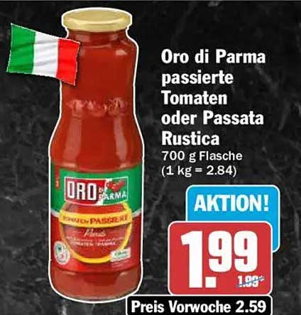 Oro di Parma passierte Tomaten oder Passata Rustica 700 g Flasche (1 kg = 2.84)
