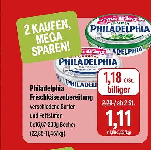 Philadelphia Frischkäsezubereitung verschiedene Sorten und Fettstufen 6x16,67-200g Becher (22,85-11,45/kg)