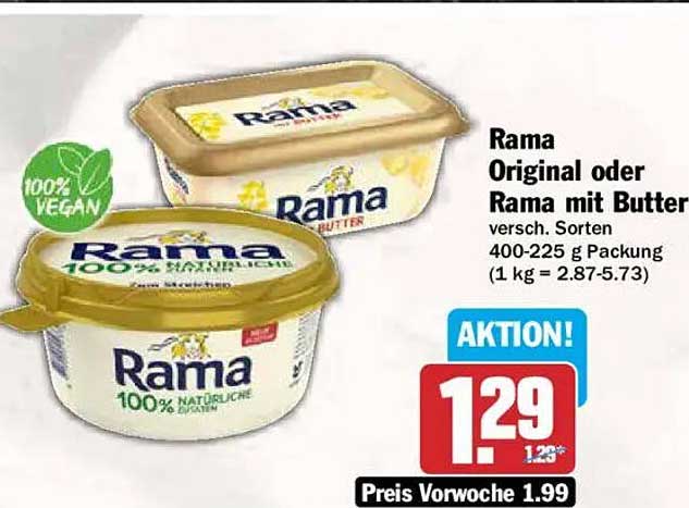 Rama Original oder Rama mit Butter versch. Sorten 400-225 g Packung (1 kg = 2.87-5.73)