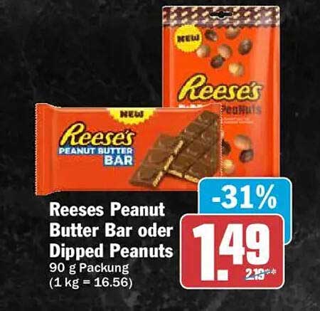 Reeses Peanut Butter Bar oder Dipped Peanuts 90 g Packung (1 kg = 16.56)
