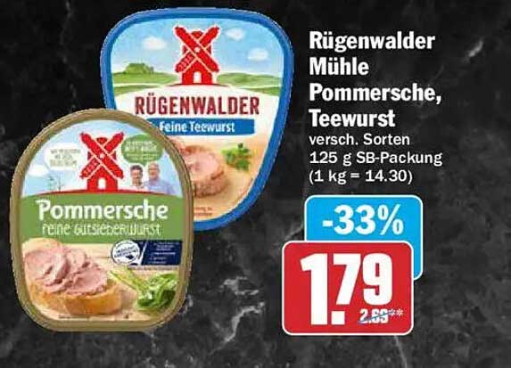 Rügenwalder Mühle Pommersche, Teewurst, versch. Sorten, 125 g SB-Packung (1 kg = 14.30)
