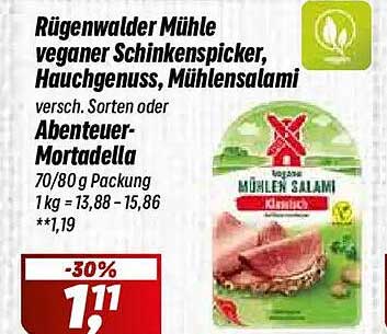Rügenwalder Mühle veganer Schinkenspicker, Hauchgenuss, Mühlensalami versch. Sorten oder Abenteuer-Mortadella 70/80 g Packung