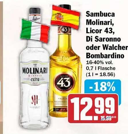Sambuca Molinari, Licor 43, Di Saronno oder Walcher Bombardino