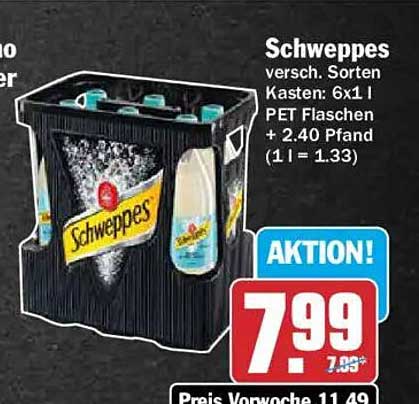 Schweppes versch. Sorten Kasten: 6x1 l PET Flaschen + 2.40 Pfand (1 l = 1.33)