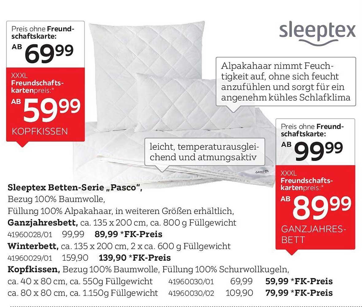 Sleeptex Betten-Serie „Pasco“, Bezug 100% Baumwolle, Füllung 100% Alpakahaar, in weiteren Größen erhältlich, Ganzjahresbett, ca. 135 x 200 cm, ca. 800 g Füllgewicht